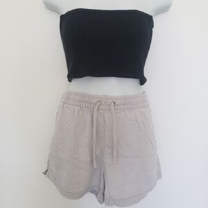 Black Ribbed Crop Top and Gray Drawstring Shorts
